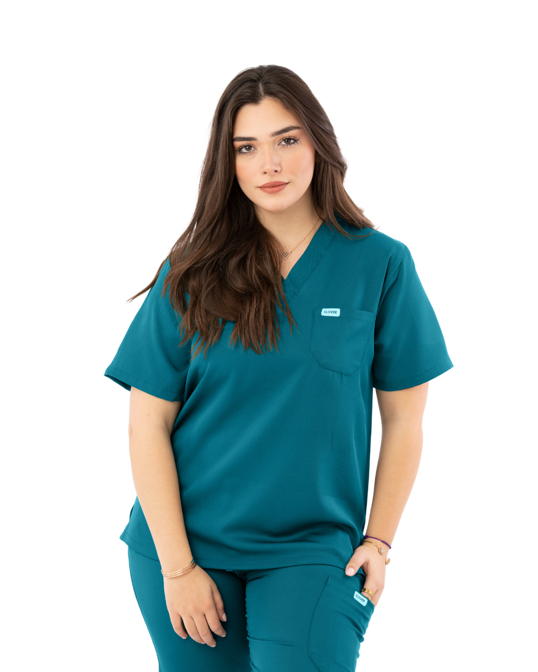 Image de Vert Canard — Ensemble médical pour femme Clover Uniform à 4 poches (haut à col en V et pantalon cargo)